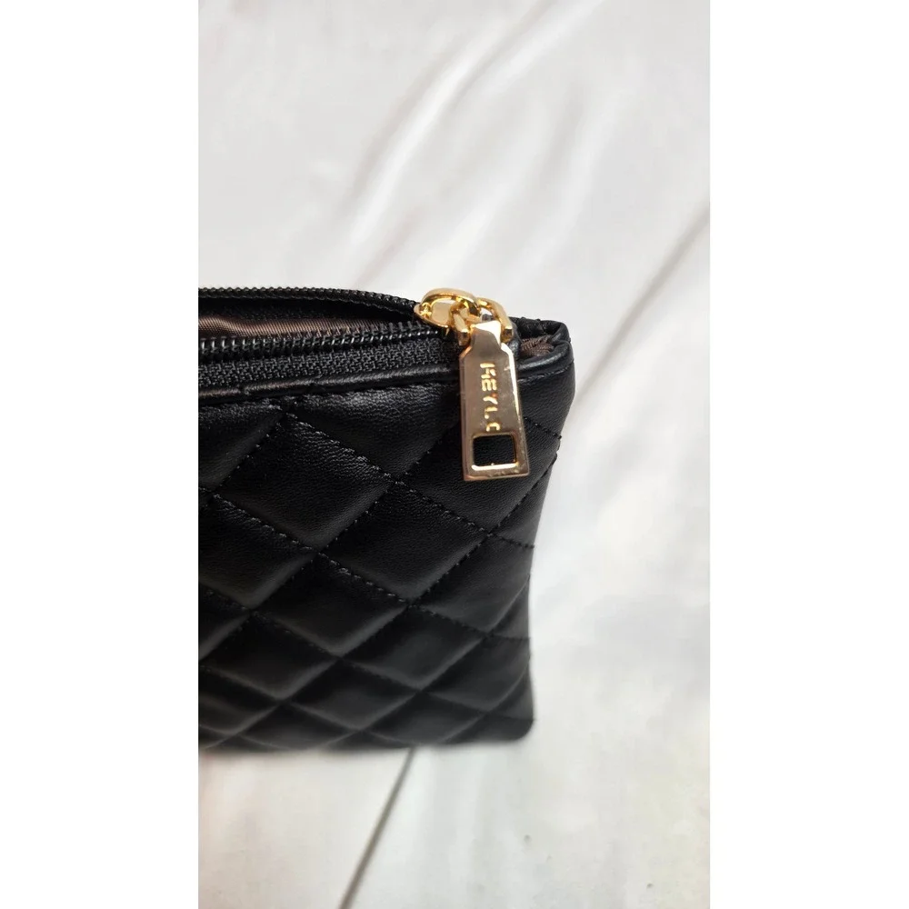 MURval Paris Black Quilted Wristlet Clutch Pouch Gold Tone Hardware Bag